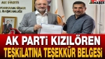 AK Parti Kızılören Teşkilatına Teşekkür Belgesi